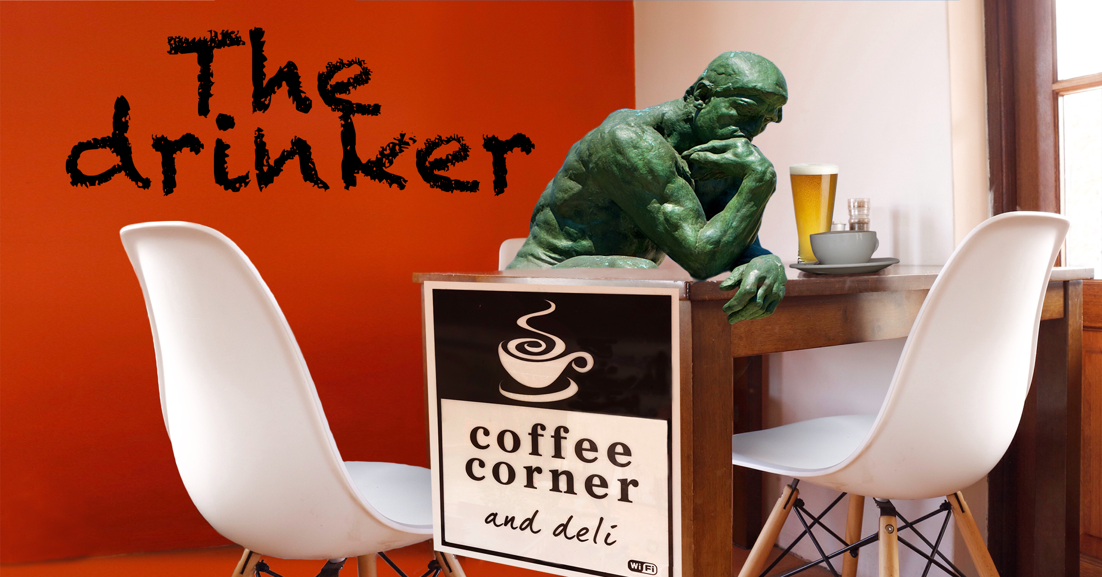 Facebook post featuring The Thinker designed for Coffee Corner by Anna Mouton.